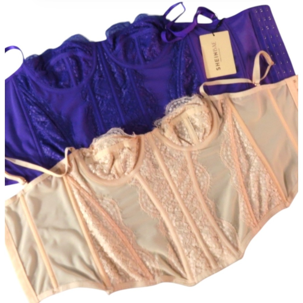 New SHEIN BAE Lot of 2 PURPLE & PINK Corset Bustier Top UNDERWIRE BRA Lace SZ S